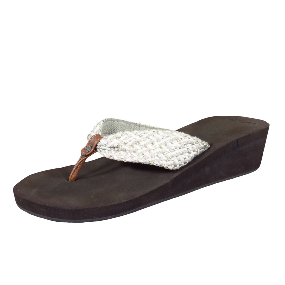 Reef Women's Braided White Strap Wedge Sandal with Brown Footbed
